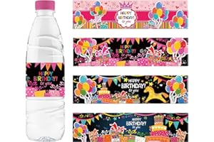 URROMA Etichette per bottiglie d'acqua, 48 pezzi, adesivi per bottiglie di buon compleanno, impermeabili, rosa e nero, striscione per bottiglie d'acqua a tema buon compleanno