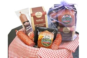 MEISTER'S Schlemmerbox prezent na kiełbasę i zestaw kawy, palone ziarna kawy, szynka salami wędzona na drewnie bukowym, zestaw upominkowy dla mężczyzn i kobiet z kawą cała fasola