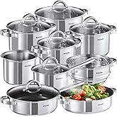 tectake® 15-Piece Pot & Pan Set in Stainless Steel with Non-Stick Coating, Pots & Saucepan Set, Incl. Steamer, Milk Pot & Gla