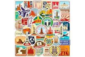 FOCRI 50Pcs Travel Map City Stickers, World Famous Tourist Landmark Stickers Packs for Teenage Adult, Vintage City Architecture Landscape Stamps Vinyl Waterproof Stickers Laptop, Diary