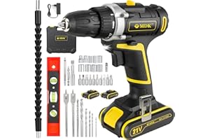 MDK Perceuse Visseuse Sans Fil 21V, 2x2000mAh Batteries, 2 Vitesses, 45Nm Max, 17+1 Réglages de Couple, Auto-serrant 10mm, Chargeur 1 Heure, éclairage LED, pour Perçage Murs, Bois, Métal