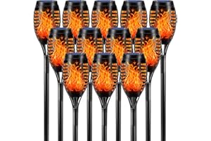 LQWELL Luces de antorcha solar para exteriores, 12 piezas, 12 LED, lámpara solar con efecto de llama, IP65, impermeable, jardín, camino solar, iluminación de césped para patio trasero (paquete de 12)