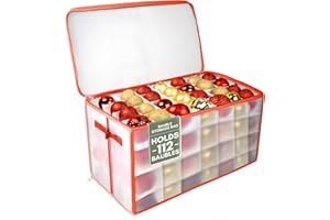 Pelle & Sol Christmas Bauble Storage Box with Dividers for 112 Ornaments, Christmas Decoration Storage with Zipped Lid, Handles, Sturdy Design - Perfect Storage Box for Decorations - Red