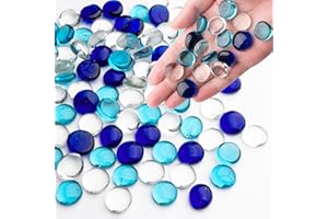 MESCHETT 0.44 kg de Billes de Verre Bleu mélangé, Perles de Verre Plates pour vases, Cailloux pour décoration d’Aquarium, Pierres de mancala, Remplissage de Vase