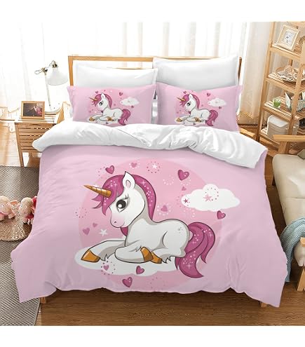 Copripiumino Unicorno Per Ragazza 135x200 Cm - Letto Singolo Con Federa In Microfibra Blu