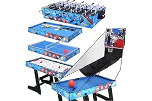 HOMELIKESPORT 5 In 1 Muliti Sports Game Table, Folding 4FT Combo Table-Soccer Foosball Table, Pool Table, Air Hockey Table, Table Tennis Table,Basketball Great Gifts for Kids (Blue)
