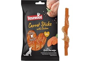 Rosewood Small Chicken and Carrot Sticks for Dogs – Real Meat Treats, Grain-Free, High Protein, Supports Dental Hygiene, No Added Sugar, No Artificial Colours or Flavours (80g)