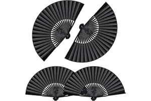 GAROMIA 4 Stück Handfächer Faltventilator Schwarz Fächer Set Handfächer Chinesischer Faltbare Fächer Handfächer Tuch Stoff Fan Damen Herren Fächer für Hochzeit Tanz Party Diy Sommer Geschenk
