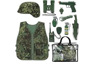 deAO Strój żołnierza dla dzieci, zestaw kamuflażowy żołnierza wojskowego z kaskiem, pistoletem zabawkowym, granatami zabawkowymi, zestaw do odgrywania ról - idealny dla dzieci w wieku 3-10 lat