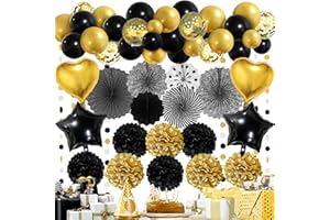 RECOSIS Premium Schwarz Gold Partydeko - Papier Fächer, Pompons, Luftballon, Hochzeit Party Deko, Geburtstag Party Deko, Happy Birthday Dekoration, Abschlussfeier, Partydeko für Mädchen Junge