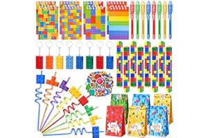 CLEBOEN Children's Birthday Party Bag Boys Building Blocks Party UV Pen & Mini Notebook Straws Children's Building Blocks Snap Bracelet Keyring Sticker Building Bricks Give Aways Rainbow Party Gift