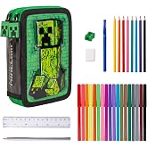 Minecraft Pencil Case for Children, Stationery Set Includes Pencil Pen Eraser Ruler Sharpener Colored Pencils and Markers, Gi