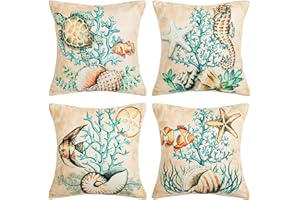 HomeStilez Funda de Lino y Algodón para Cojín con Tema Oceánico Retro y Estampado Animal, 4 Pack, 45x45 cm, Funda de Almohada Suave Beige, Decoración para el Hogar