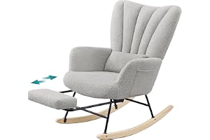 Songmics gungstol, relaxfåtölj, utdragbart fotstöd, gungfåtölj, avtagbar kudde, sidofickor, träben, fleece, för sovrum, varda
