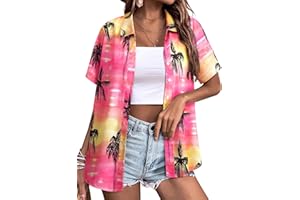 Yihelian Hawaiian Shirts for Women Summer Short Sleeve Top Floral Tropic Printing V Neck Button Down T Shirts Blouses