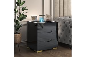cointwo Smart Bedside Table with Wireless Charging & USB Charging Station, Led Bedside Table Smart Nightstand, High Gloss End Table Night Stand Organizer for Living Room Bedroom Use (Black)