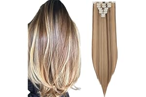MY-LADY 26" Long Straight Clip in Hair Extensions Full Head 8Pcs 18Clips Ombre Colorful Synthetic Hair Clip in Hairpiece Golden Brown mix Dark Blonde