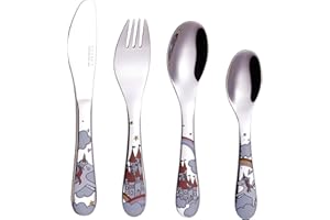 Exzact Kinderbesteck 4 Stück aus Edelstahl - 1 x Tafelmesser, 1 x Tafelgabel, 1 x Teelöffel und 1 x Tafellöffel. - spiegelpoliert - Einhorn