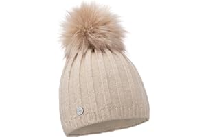 ELIMELI® Kaszmirowa czapka damska, zimowa, ciepła czapka z dzianiny, czapka wełniana z kaszmiru, czapka zimowa ze sztucznym futrem, pompon, dzianina, na zimę, czapka z pomponem, wyprodukowana w UE, beżowy, jeden rozmiar