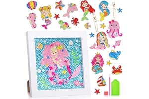 AmzKoi Diamond Painting Kit Completo Bambini, Pittura Diamante 5D Fai da Te Sirena con Cornice in Legno 21 PCS Adesivi Diamantati 2 PCS Portachiavi, Diamond Painting Kit Craft Arts Regalo di Natale