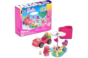 MEGA HKF90 - Zabawka budowlana Barbie Color Reveal, rozkładana podróż z 2 małymi lalkami Barbie, akcesoriami, 2 zwierzętami, zmianą kolorów i 10 niespodziankami, dla dzieci od 4 roku życia