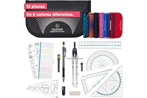 CALCUSO JUEGO DE GEOMETRÍA PRO en un estuche negro con compás y transportador - Estuche práctico para escuela, universidad, oficina y dibujos - Ideal como set de geometría para la escuela