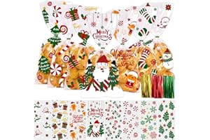 DIYDEC 120pcs Christmas Cellophane Candy Bags, Clear Xmas Sweet Goodies Treat Cellophane Bags Santa Claus Snowflake Party Present Bags with Twist Ties for Christmas Party Supplies