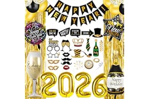 ZEILABANG KAKADI Silvester Deko 2026,Schwarz Gold Neujahr Deko 2026 Happy New Year Banner,Neujahr Deko 2026 Set,Neujahr Silvesterdeko,Happy New Year Girlande,Folienballons für eine unvergessliche Silvesterparty