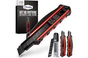 Filzada® 3x Cutter Professionnel avec 13x Lame de Rechange pour Cuteurs Carbon BLACK - Cutter 18mm Métal - Robuste Cuteurs de Travail Professionnel - Cutters ULTRARAPIDE