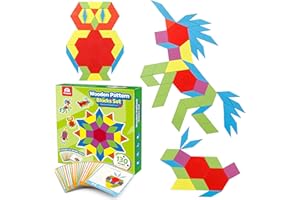 Coogam 130 Stück Holzmuster Blöcke Set Geometrisch Manipulative Form Puzzle - Grafisches Spielzeug Gehirn Stamm Geschenkmit 24 Stück Design-Karten