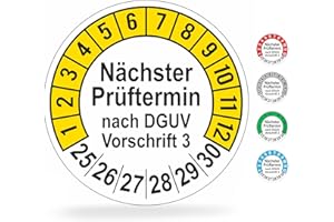 beihaasnatuerlich® 112 Stck Prüfplaketten "Nächster Prüftermin", 20 mm Ø, Prüfetiketten nach DGUV V3, 2025-2030, Prüfaufkleber, E-Check Prüfetikett, Plakette für Elektrogeräte (Gelb, 1 Bogen)