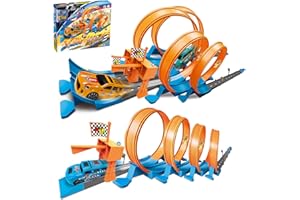 LTFIOON Piste de Voiture Enfant, avec 4 Loopings, Track Builder boîte de Construction, Circuit de Voiture avec Lumières & Son, Jouet pour Enfant, Cadeau Garcon Fille de 3+Ans