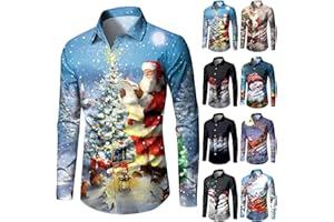 BOLONWZI Freizeithemden für Herren Weihnachten Weihnachtsmann Party Hemd Langarm Button Down Hemden Slim Fit Shirt mit Weihnachtsmotiv für Festival Party Freizeitkleidung
