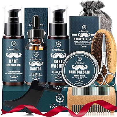 Set Completo Per La Cura E La Manutenzione Della Barba Maschile, Olio Per Barba, Balsamo, Cera, Detergente, Pettine, Spazzola, Forbici E Borsa Da Viaggio. - Italia - Foto 11