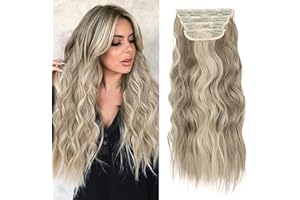 JUZIVIEE Clip in Extensions Blond Haarverlängerung Günstig Clips Haarteil Extensions für Damen Lang Wavy Synthetisches wie Echthaar 4 Teile Set Natürliche Ashblond mit Blond 077W