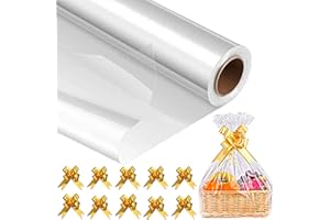 MAARA Clear Cellophane Wrap Roll for Hampers (30M x 40CM) with 10 Gold Pull Bows - 3 MIL Thick Clear Wrapping Paper For Hamper, Clear Hamper Cellophane Wrap, Hamper Wrapping Cellophane For Basket