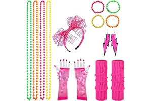 RosyFate Strój damski w stylu lat 80. XX wieku, damski kostium w stylu lat 80., różowe rękawiczki, opaska na czoło, naszyjnik, bransoletka, kolczyki, 80 lat, strój damski, neonowy