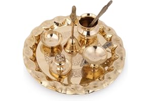 Hashcart Brass Pooja Thali Set - Pooja Thali Aarti Thali Plate for Diwali Gift, Home, Mandir - Diwali Decoration Diwali Thali, Brass Indian Pooja Thali Set [8.7 inch]