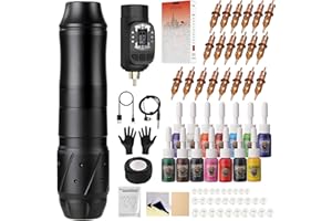 HAWINK Kit per tatuaggi, senza fili, con alimentatore di rete, 1600 mAh, LCD, digitale al litio, 20 pezzi, cartuccia completa da 14 inchiostri EM155TI201EN02-1