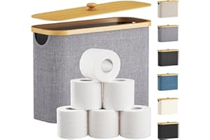 Lifewit 23L Toilet Roll Storage, Bathroom Storage Box Holder Stand with Lid, Bamboo Multifunctional Toilet Paper Basket Cabinet with Handle, Grey