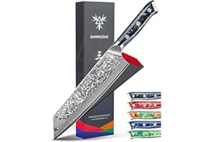 SANMUZUO Couteau Kiritsuke de 22cm - Couteau de Chef en Damas - Japonais en Acier de Damas 67 Couches Couteau de Cuisine - Manche en Résine (Noir étoilé) - Xuan Série