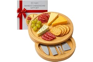 CUQOO Bamboo Cheese Board Set with 3 Knives & Fork – Wooden Charcuterie Board, Cheeseboard Gift Set for Serving, Grazing, Cheese Boards & Knives, Cheese Platter for Cheese Lovers