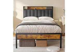 Bealife Łóżko tapicerowane, drewniane z metalową ramą łóżka, wyściełany podest, podwójne łóżko z drewnianym stelażem, zagłówek, rama łóżka (ciemnoszare, 120 x 200 cm)