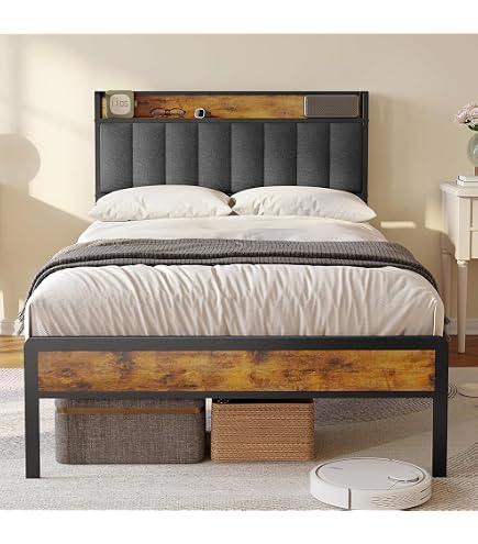 HAHRIR Letto A Doghe In Metallo 90x200 Cm Con Testiera Imbottita - Grigio, Stabile E Silenzioso