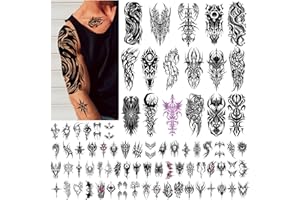 ATYDKUG 77 Sheets Cyborg Tribal Temporary Tattoo for Women Men, 17 Half Arm Large Skull Butterfly Fake Tattoos, 60 Black Vintage Tiny Adult Kid Body Tattoos Stickers Realistic Waterproof Long Lasting