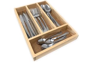 Space Home - Portaposate Adatto per Cassetto - Organizzatori di Cassetti di Cucina - Vassoio Portaposate Porta-Coltelli e Porta Utensili da Cucina in Legno Naturale - 32 x 22 x 3,5 cm