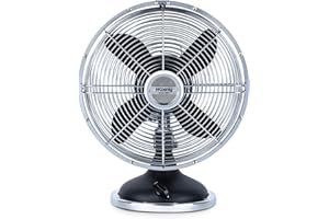 H.Koenig Ventilateur de Table JOE50 Silencieux Design Rétro Vintage en Métal Noir, 25 cm, 3 vitesses, Fixe ou Oscillation à 90°, Réglage vertical, Pied antidérapant