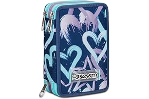 Seven Astuccio Scuola 3 Zip, Viola Verde Acqua, Crystal Purple, Portapenne Triplo Scomparto Completo Di Penne, Matite, Colori, Accessori Zaino, Elementari, Medie, Bambina