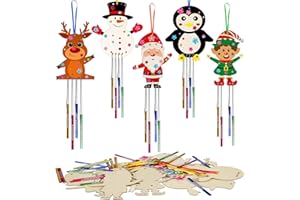 WEDNOK 10 Pack Christmas Wind Chimes DIY Wooden Wind Chime Kits for Kids Santa Claus Reindeer Snowman Penguin Elf Windchimes for Xmas Tree Hanging Children Arts Crafts Painting