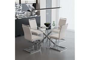 GOLDFAN Esstisch mit 4 Stühlen Set, Rechteckig Glas Esstisch aus Hochlehner Kunstleder Stuhl für Küche Esszimmer Wohnzimmer, 110cm, (Weiß, 4stühle)